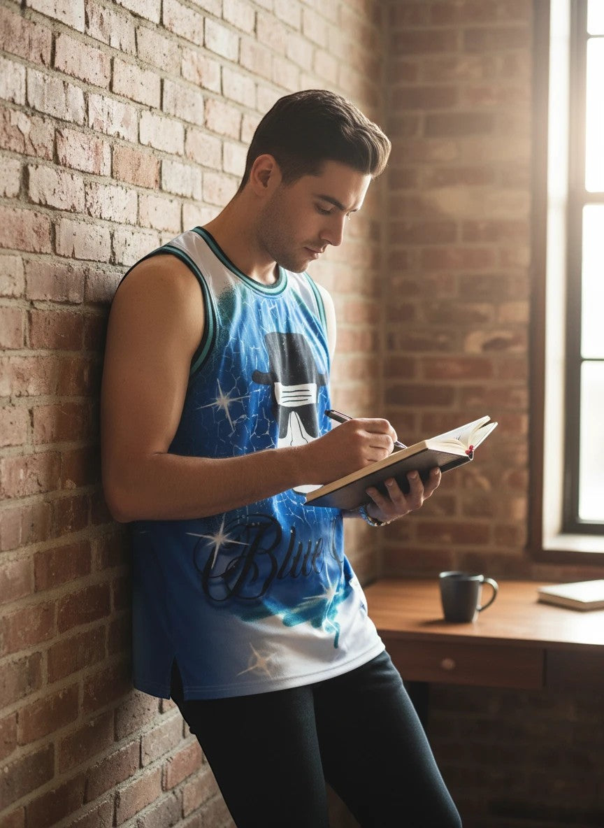 Throwback Rack blue gradient basketball jersey with character portrait and "Blue Sky" text. Breathable fabric.