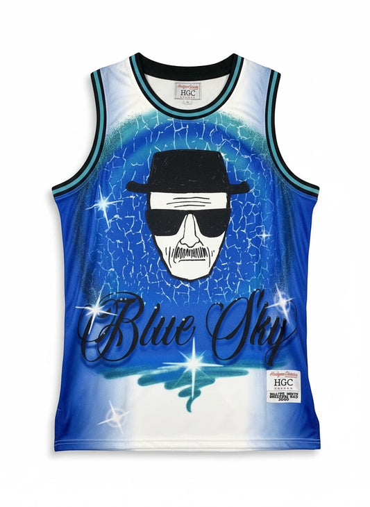 Throwback Rack blue gradient basketball jersey with Heisenberg portrait, "Blue Sky" text, and starbursts. Features number 99.1 and "WHITE" on back.