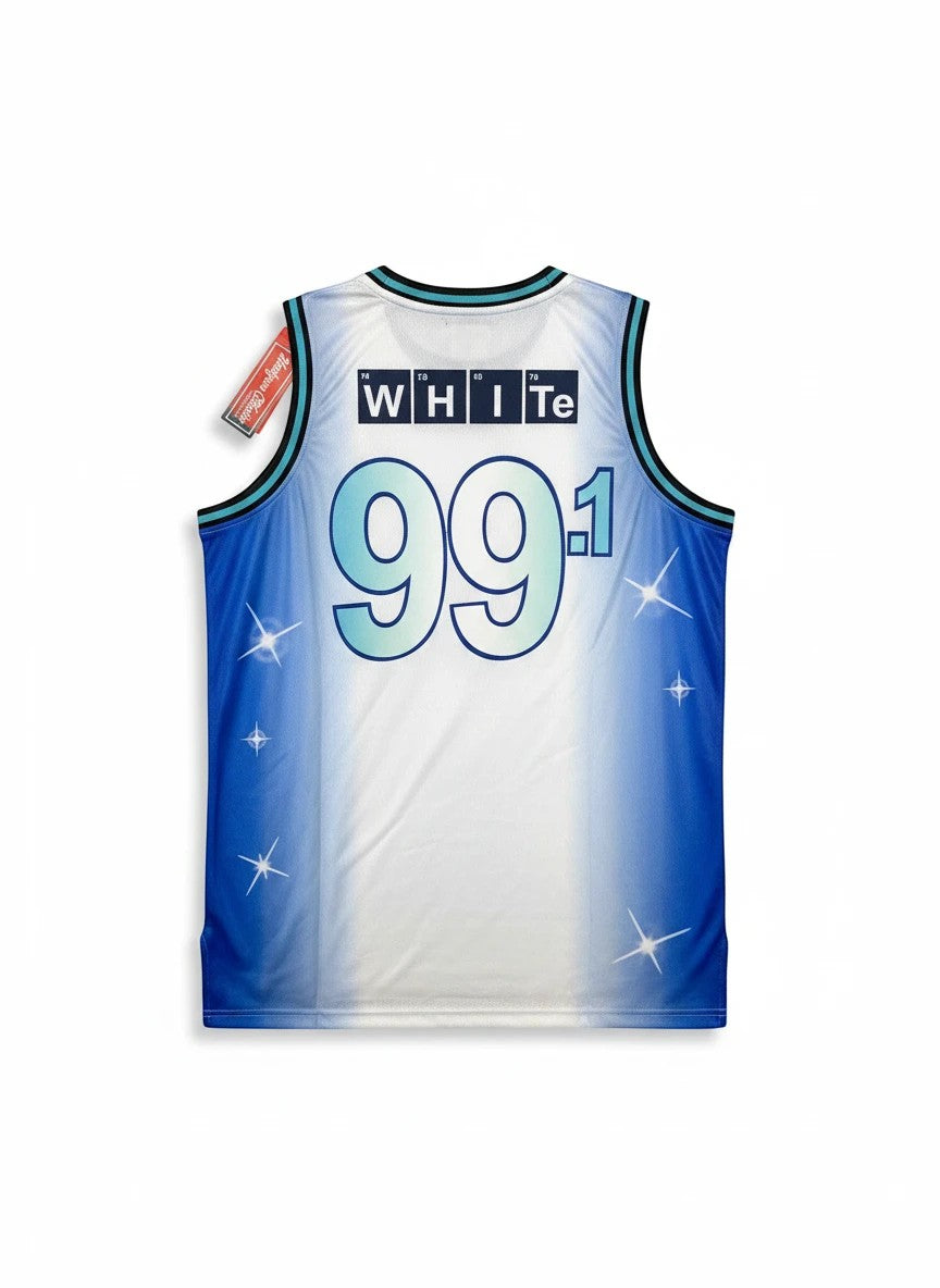 Throwback Rack Blue Sky Basketball Jersey with "WHITE" and "99.1" on back, blue gradient design, and starbursts.