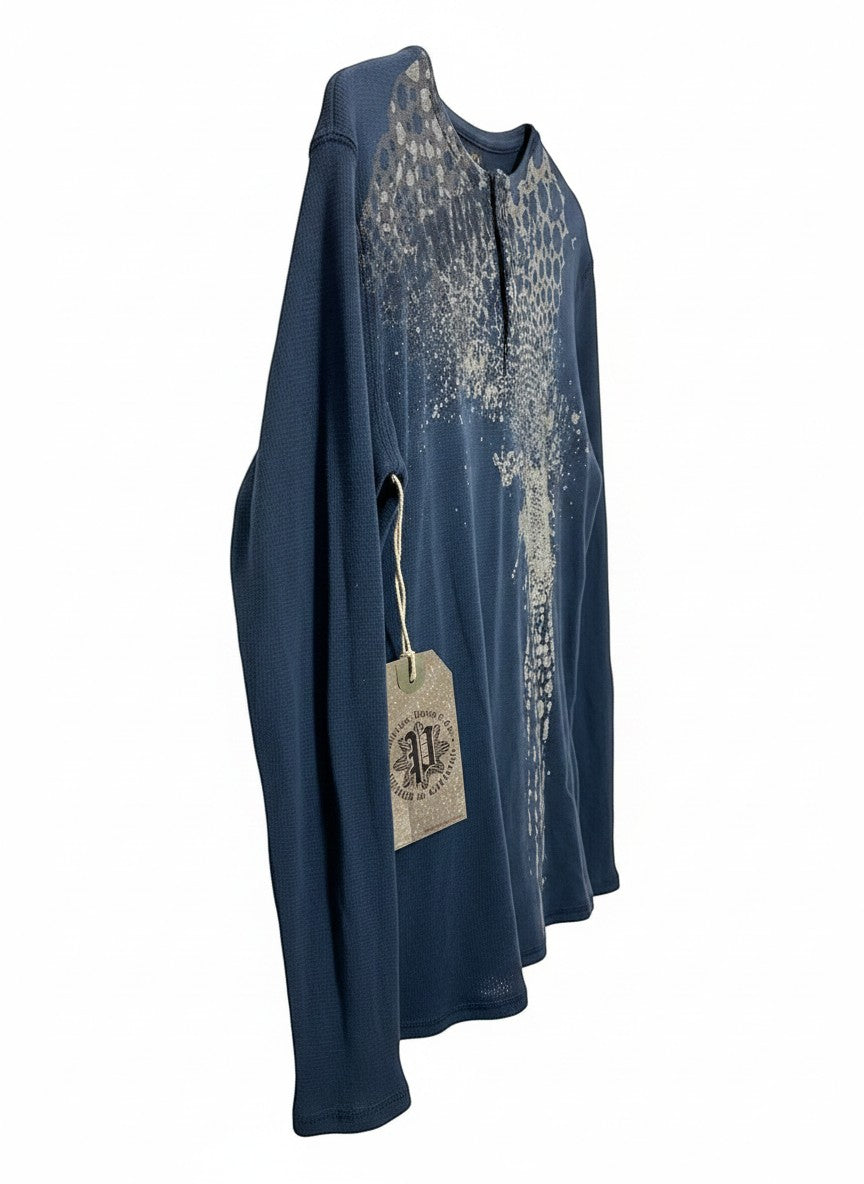 Throwback Rack navy blue Y2K thermal long sleeve shirt with distressed graphic print and henley neckline.