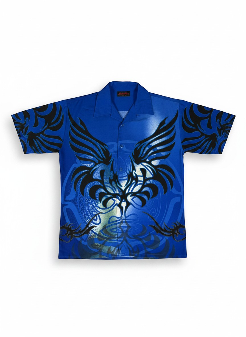 Throwback Rack vintage blue short-sleeve button-up shirt with black tribal wing graphic print.