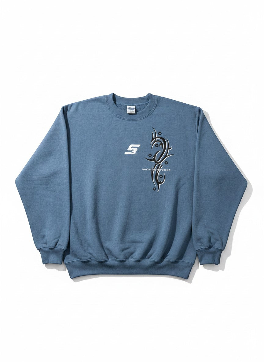 Throwback Rack blue vintage crew neck sweatshirt with tribal graphic and logo detail. Cotton blend.