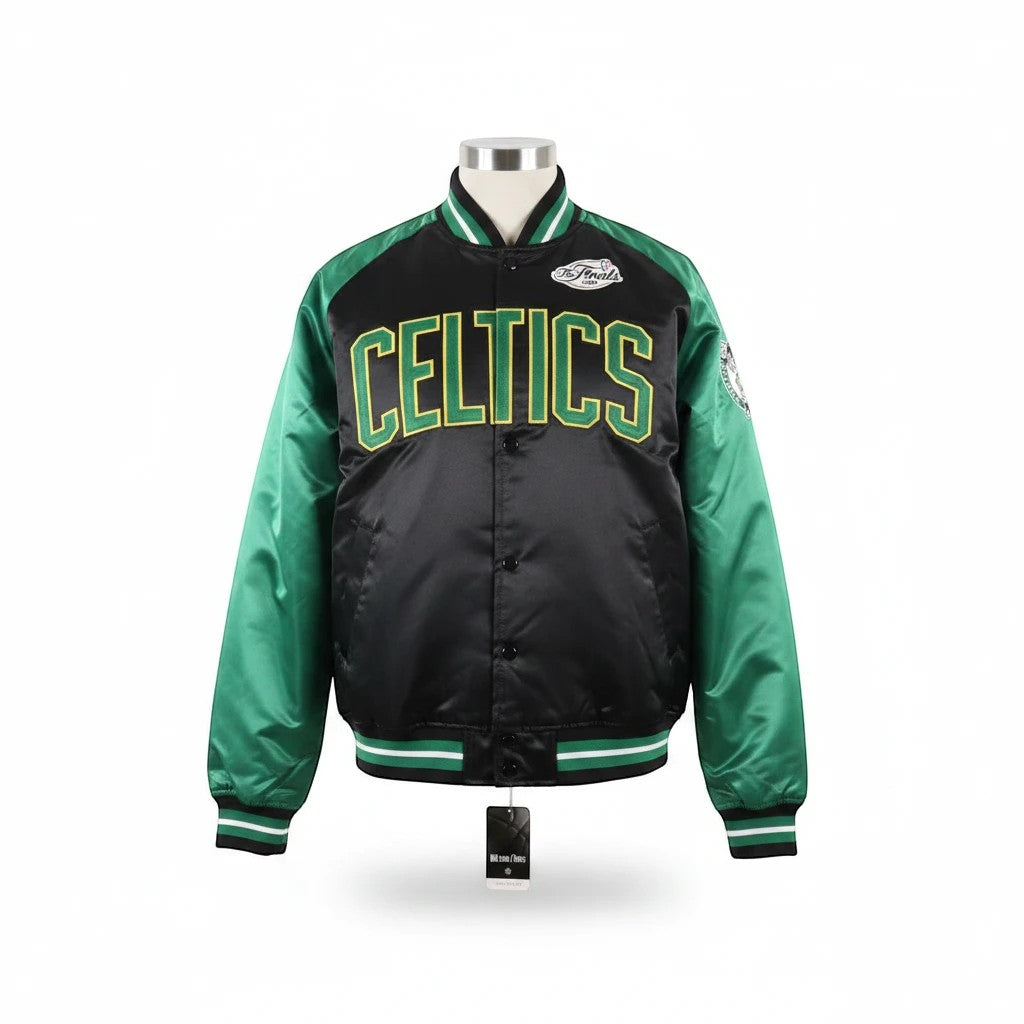 Throwback Rack Boston Celtics Mitchell & Ness heavyweight satin jacket with embroidered team script and patches.