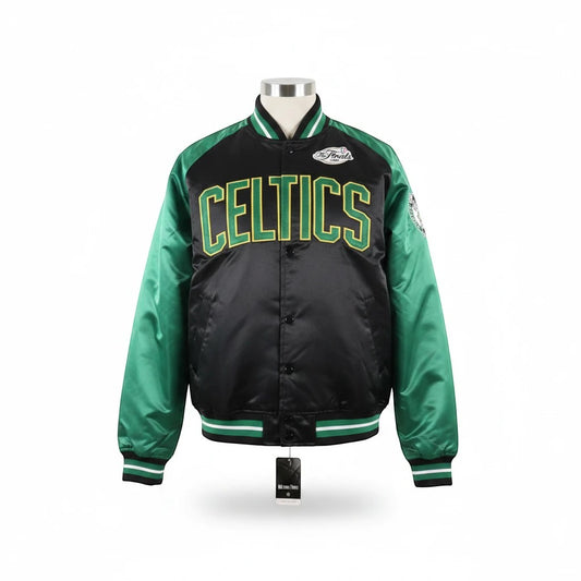 Throwback Rack Boston Celtics Mitchell & Ness heavyweight satin jacket with embroidered team script and patches.