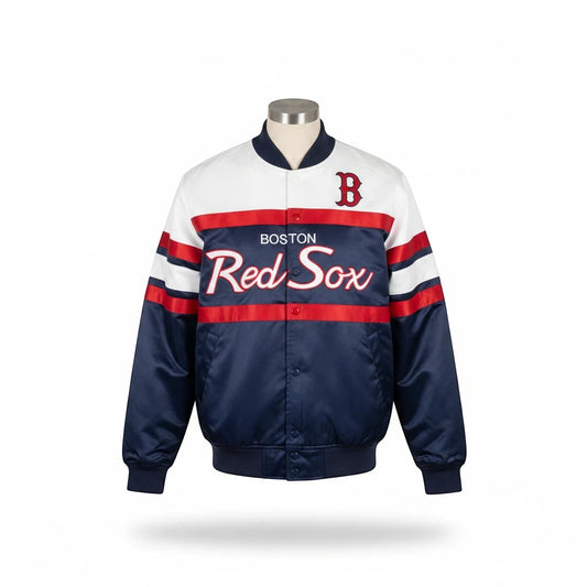 Throwback Rack Boston Red Sox Mitchell & Ness heavyweight satin bomber jacket with embroidered team script and patches