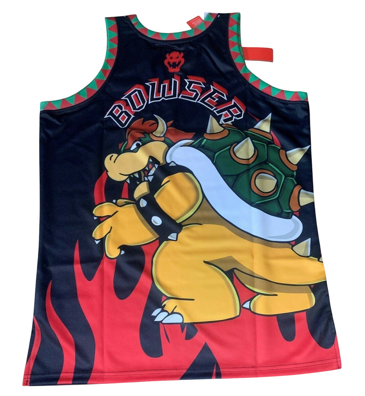 Throwback Rack Bowser Castle basketball jersey featuring a graphic print of Bowser with flames in black, red, and green.