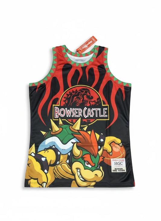 Throwback Rack Bowser basketball jersey featuring Bowser Castle graphic and embroidered details on black mesh fabric.