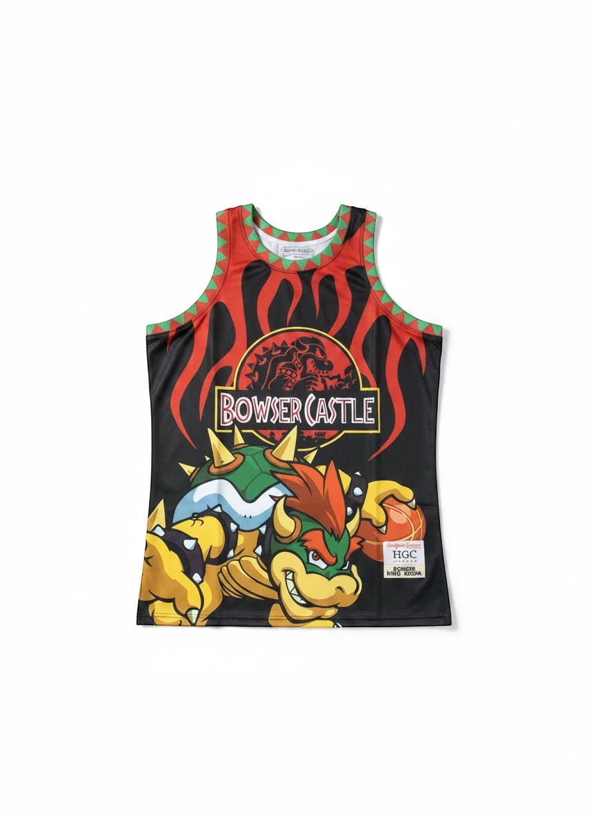Throwback Rack Bowser Castle graphic basketball jersey in black, red, and green with flame and character print.
