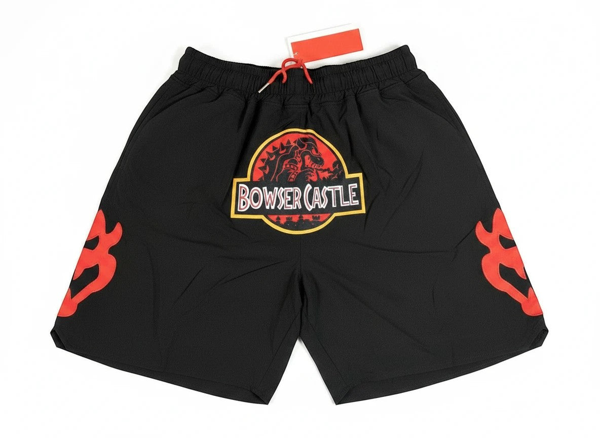 Throwback Rack Bowser Castle basketball shorts in black with red drawstring and embroidered graphic logo