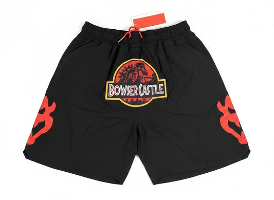 Throwback Rack Bowser Castle basketball shorts in black with red drawstring and embroidered graphic logo
