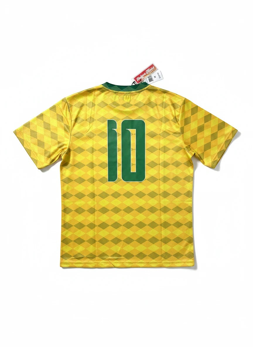 Throwback Rack Brasil World Cup Soccer Jersey, yellow with green accents, diamond pattern, number 10 on back.