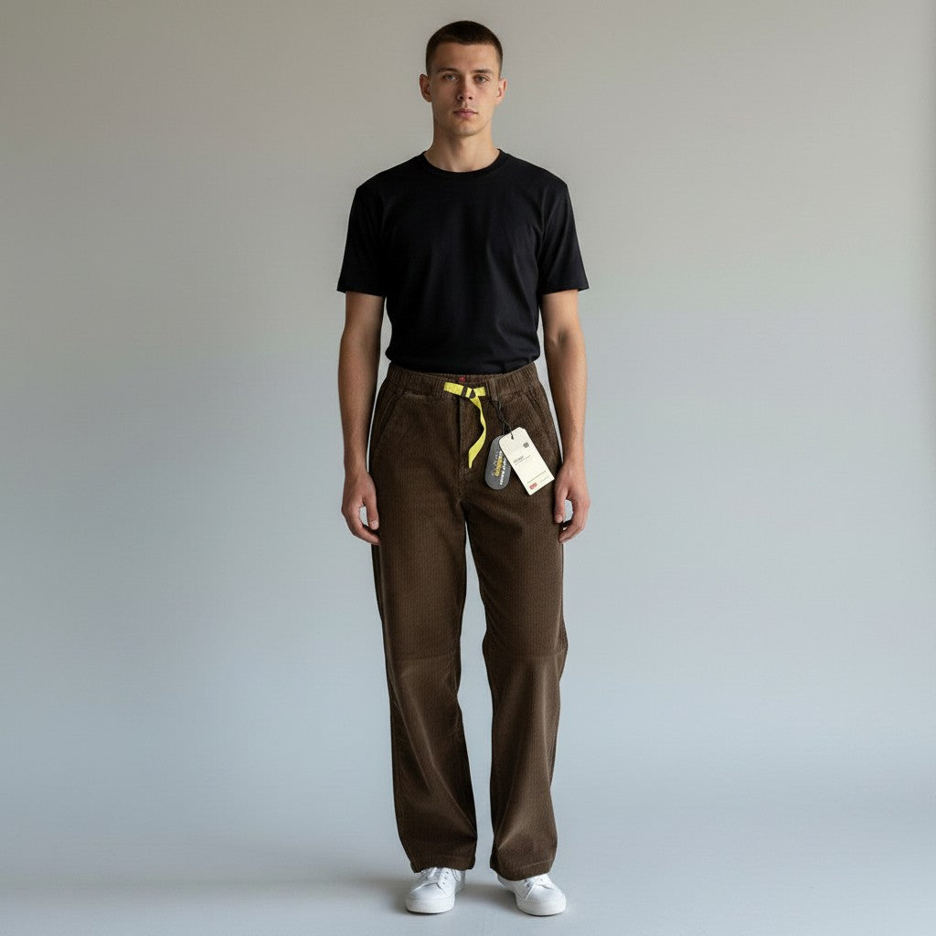 Throwback Rack women's brown corduroy Levi's jeans with yellow drawstring and tags. Model wears a black t-shirt and white sneakers.