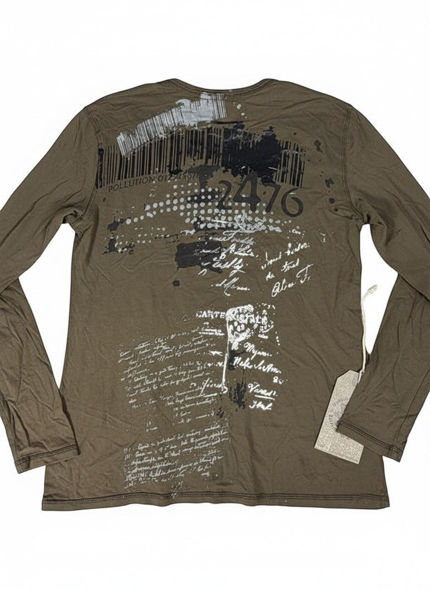 Throwback Rack brown long sleeve shirt with distressed graphic print and barcode detail.