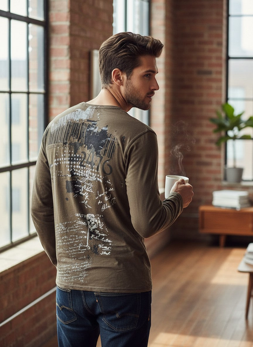 Throwback Rack brown long sleeve shirt with distressed graphic print on back. Model is wearing jeans and holding a mug.