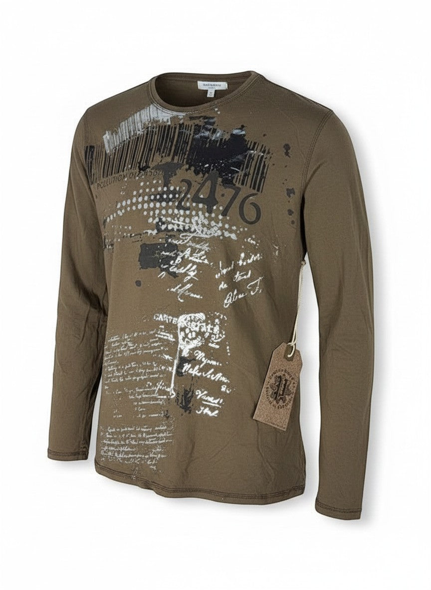 Throwback Rack brown long sleeve shirt with distressed graphic print and barcode design. Textured fabric.