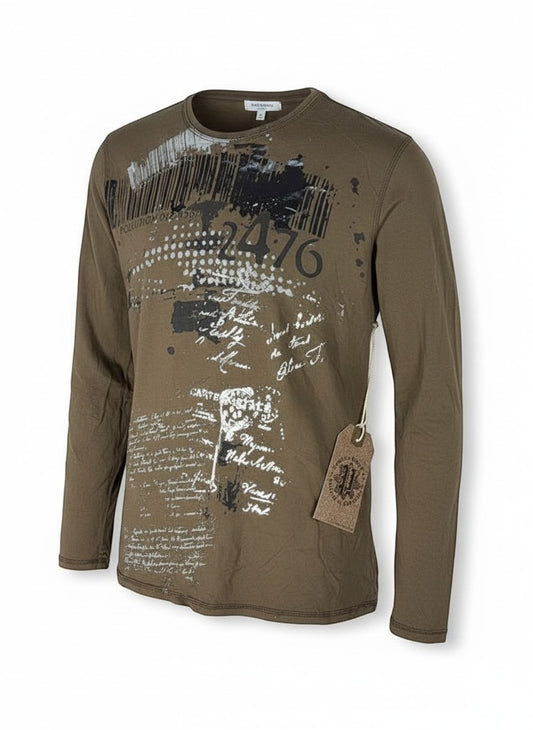 Throwback Rack brown long sleeve shirt with distressed graphic print and barcode design. Textured fabric.