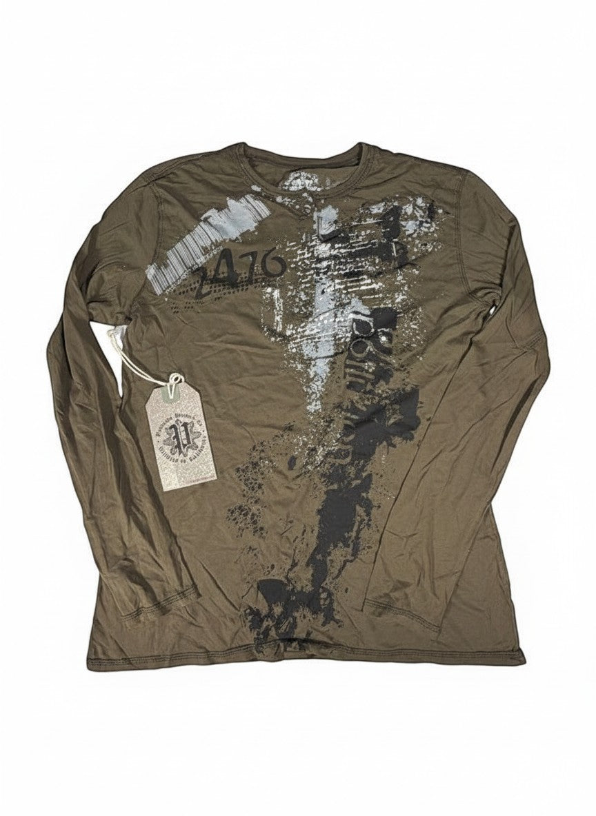 Throwback Rack brown long sleeve shirt with distressed graphic print and barcode detail. Textured fabric, crew neck.
