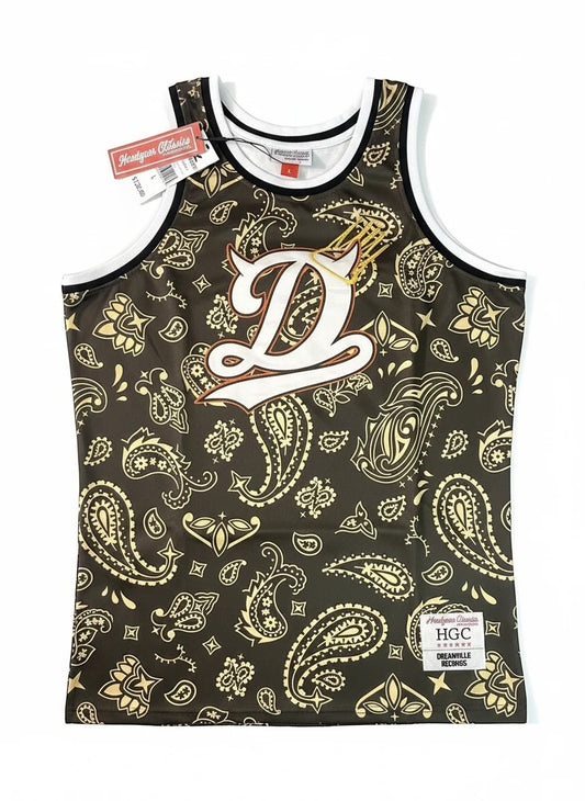 Throwback Rack brown and gold paisley print basketball jersey with a large white "D" graphic on the front.