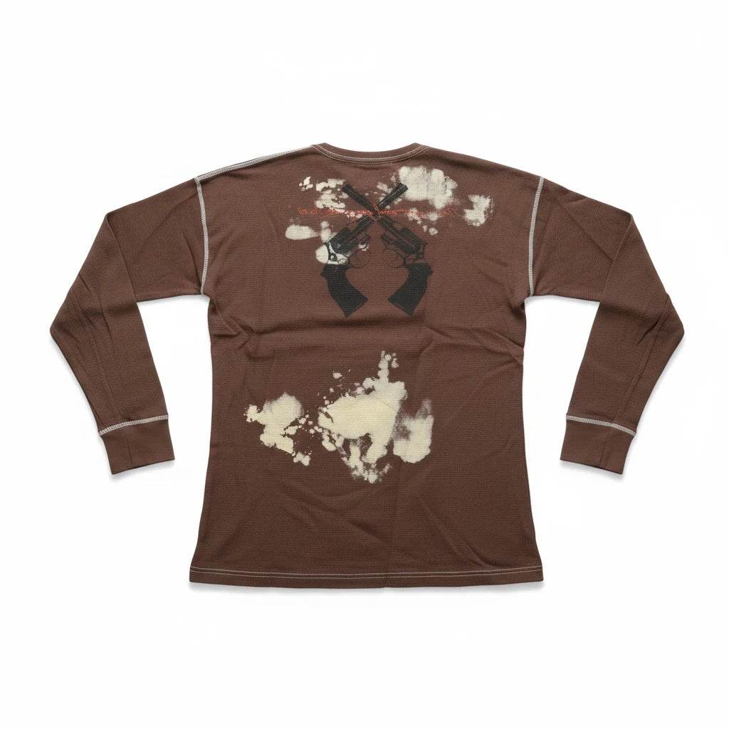 Throwback Rack brown thermal long-sleeve shirt with bleach-wash effect and Guns N' Roses crossed-pistol back graphic
