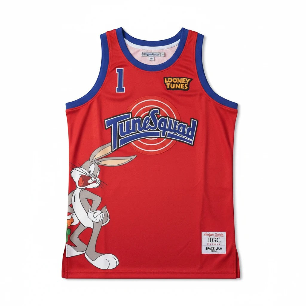 Throwback Rack red Tune Squad Bugs Bunny basketball jersey in breathable mesh with blue trim and iconic team graphics.