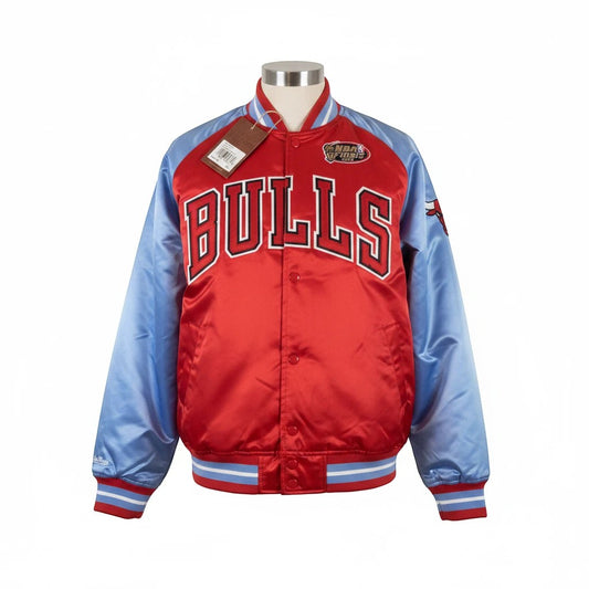 Throwback Rack Chicago Bulls Mitchell & Ness satin varsity jacket in red and light blue with embroidered patches