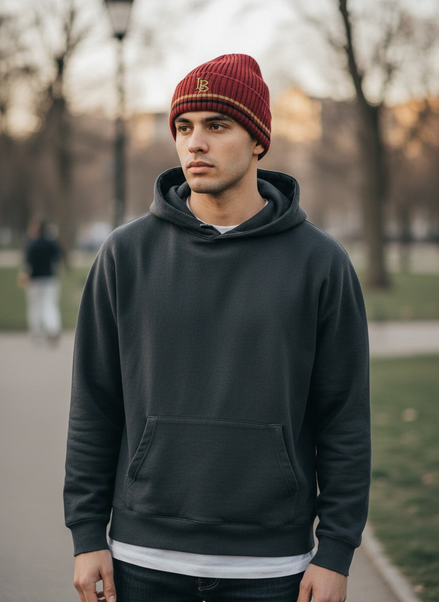 Throwback Rack burgundy knit beanie with "LB" embroidery and gold/black stripes. One size fits most.
