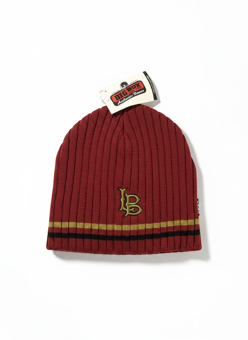 Throwback Rack burgundy knit beanie with LB embroidery and gold/black stripes. One size fits most.