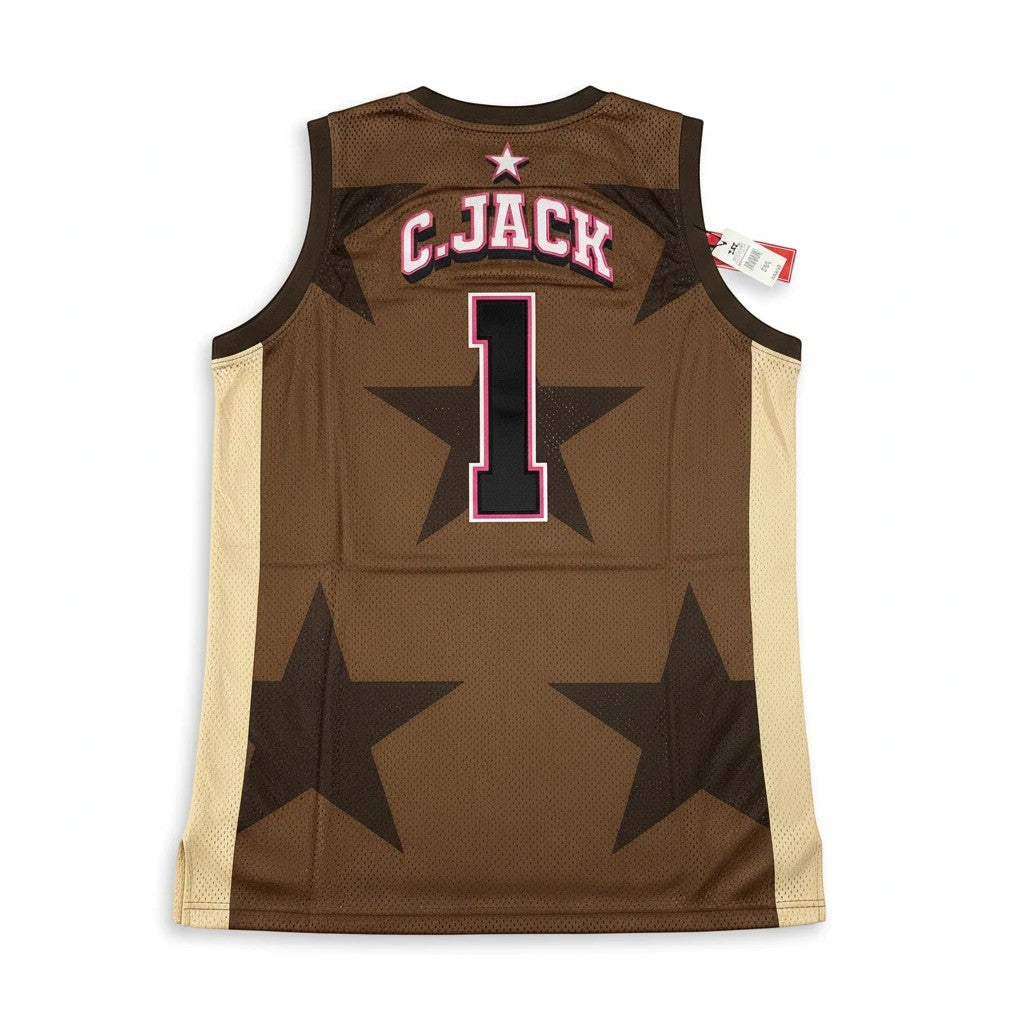 Throwback Rack Cactus Jack Houston basketball jersey in brown and tan mesh with star graphics and number 1 on back