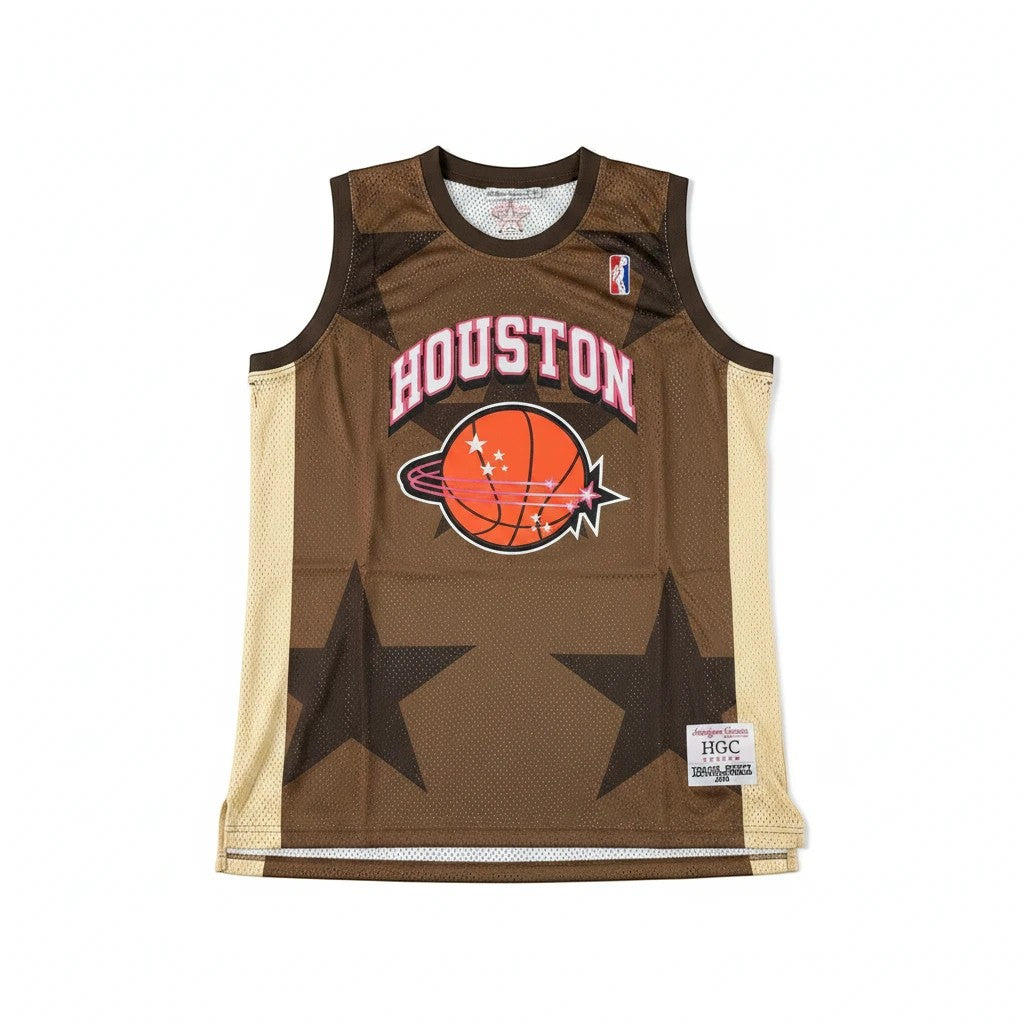 Throwback Rack Cactus Jack Houston basketball jersey in brown and tan mesh with star graphics and vintage lettering.