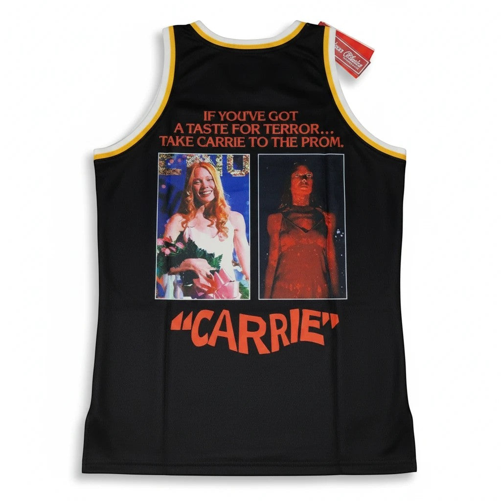 Throwback Rack CARRIE movie basketball jersey in black mesh with graphic prints of scenes from the horror film.