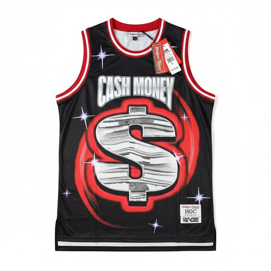 Throwback Rack black basketball jersey with Cash Money Records logo and dollar sign graphic. Features red and white trim.