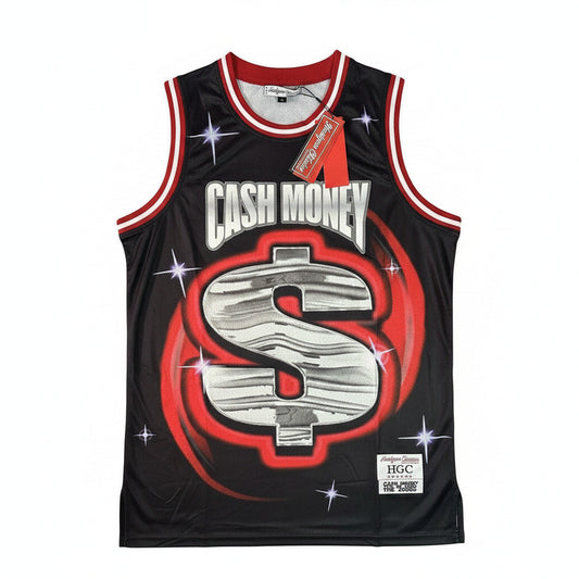 Throwback Rack Cash Money Records basketball jersey in black mesh with red and silver dollar sign and star graphics.