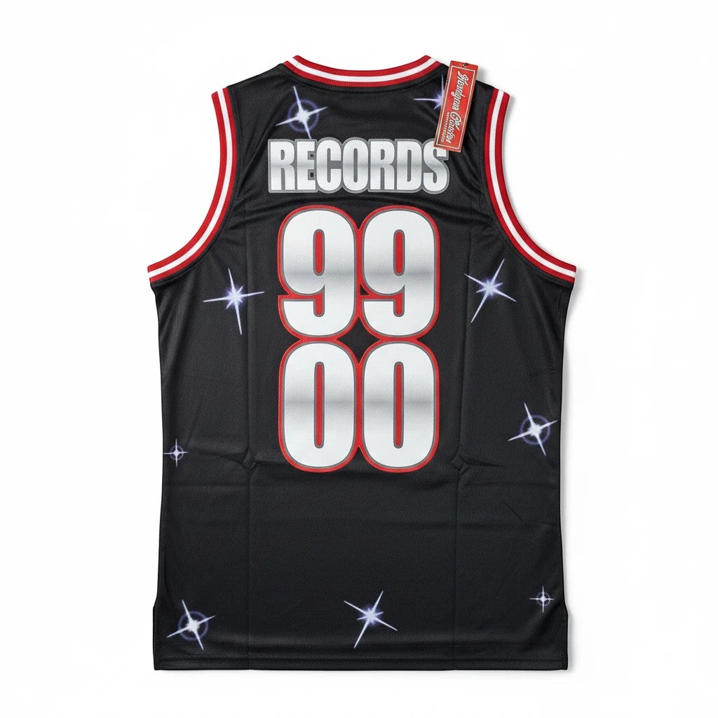 Throwback Rack black basketball jersey with "Records 99 00" on back, starburst graphics, and red/white trim.