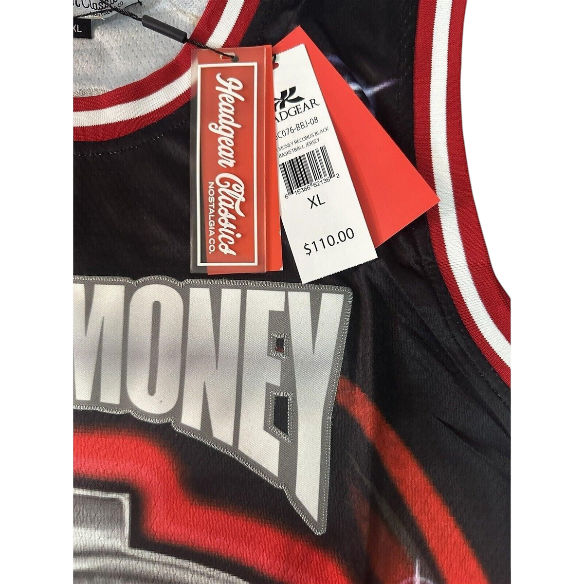Throwback Rack Cash Money Records basketball jersey in black with red and silver accents and Headgear Classics tags.