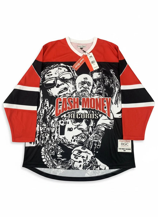 Throwback Rack Cash Money Records hockey jersey with all-over artist print, number 27 on back, and black, red, white color scheme.