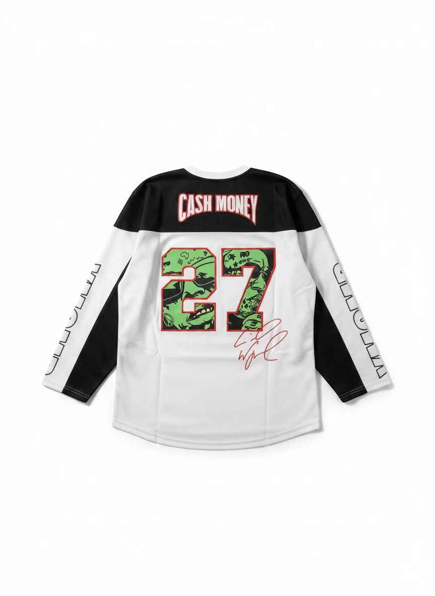 Back view of Throwback Rack Cash Money Records hockey jersey in black and white with number 27 and red script.