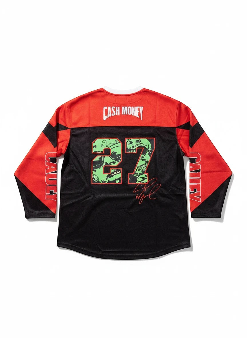 Throwback Rack Cash Money Records hockey jersey with number 27 and artist graphics on black and red.