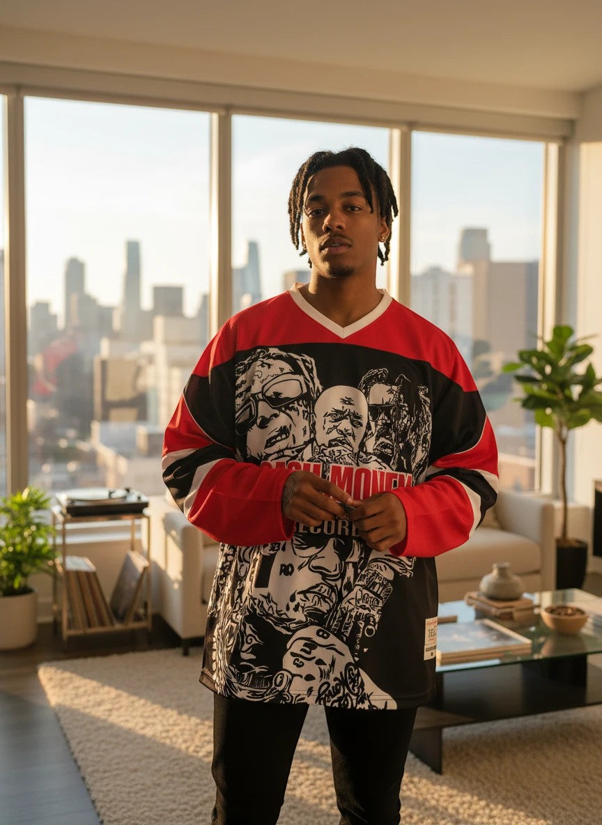 Throwback Rack Cash Money Records hockey jersey with all-over artist print, red and black striped sleeves, and number 27 on back.