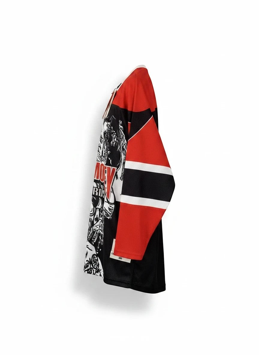 Throwback Rack Cash Money Records hockey jersey with all-over print, number 27 on back, and striped sleeves in black, red, and white.