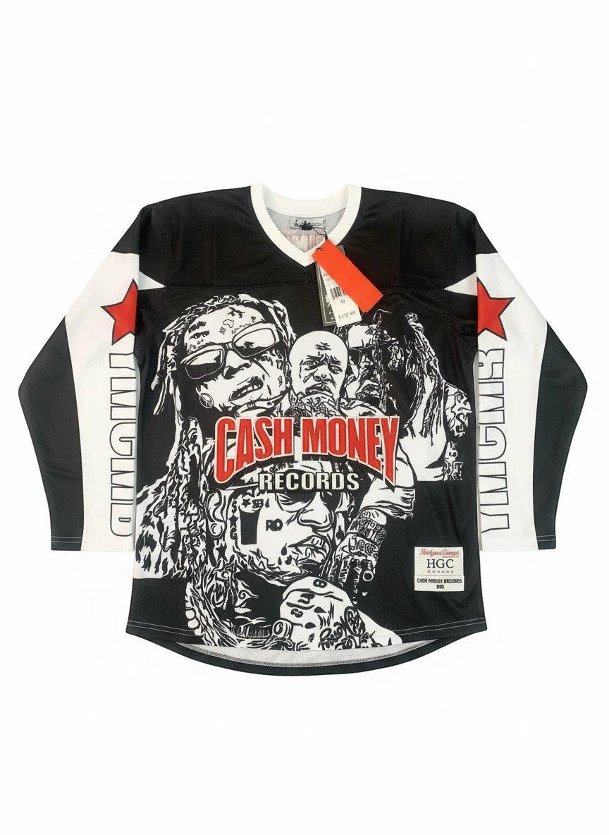 Throwback Rack Cash Money Records hockey jersey in black and white with graphic artist prints and red logo accents.