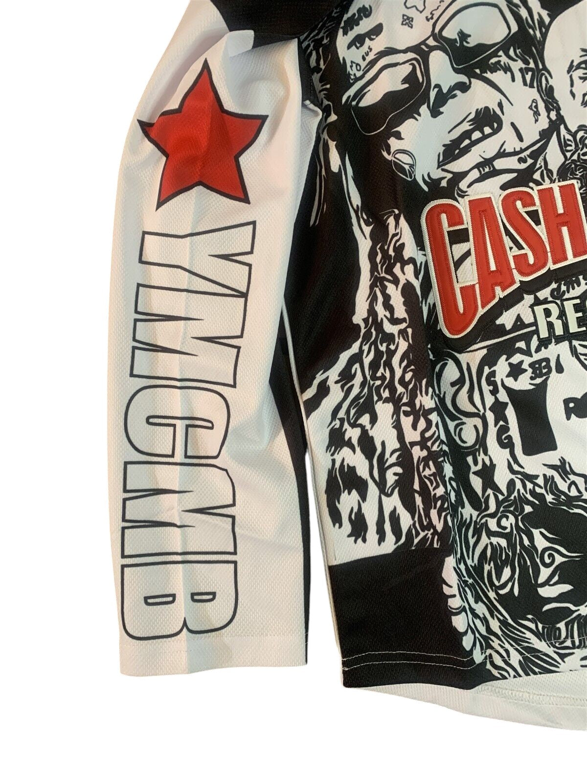 Throwback Rack Cash Money Records hockey jersey in black and white mesh with red star and YMCMB sleeve detail