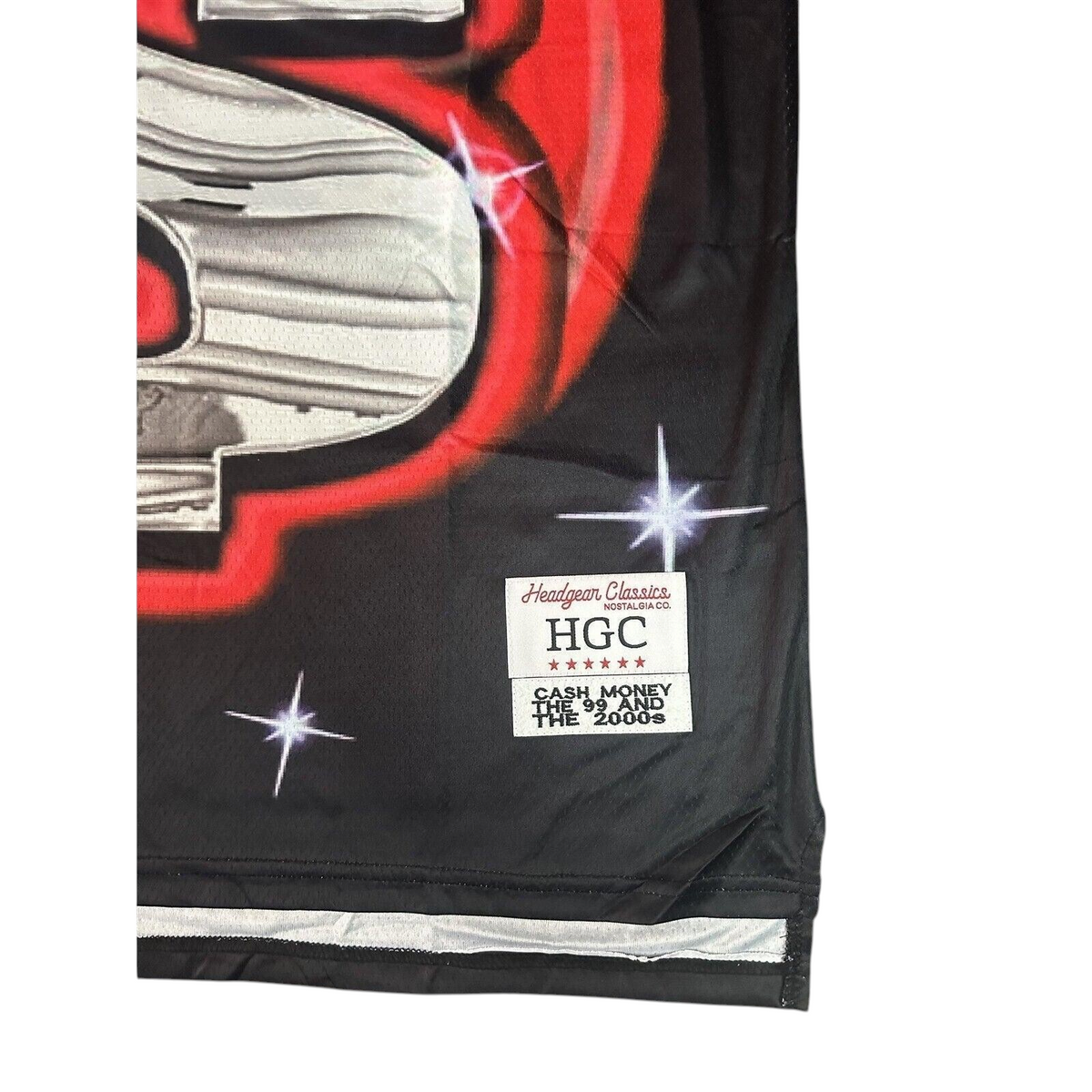 Throwback Rack Cash Money Records basketball jersey featuring a black mesh fabric with a silver dollar sign and stars