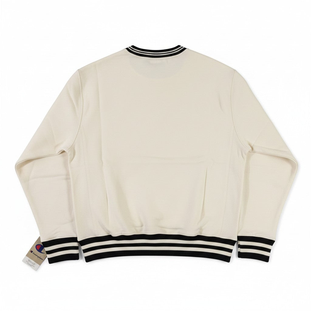 Throwback Rack Champion cream heavyweight fleece crewneck sweatshirt with black striped ribbed collar, cuffs, and waistband.