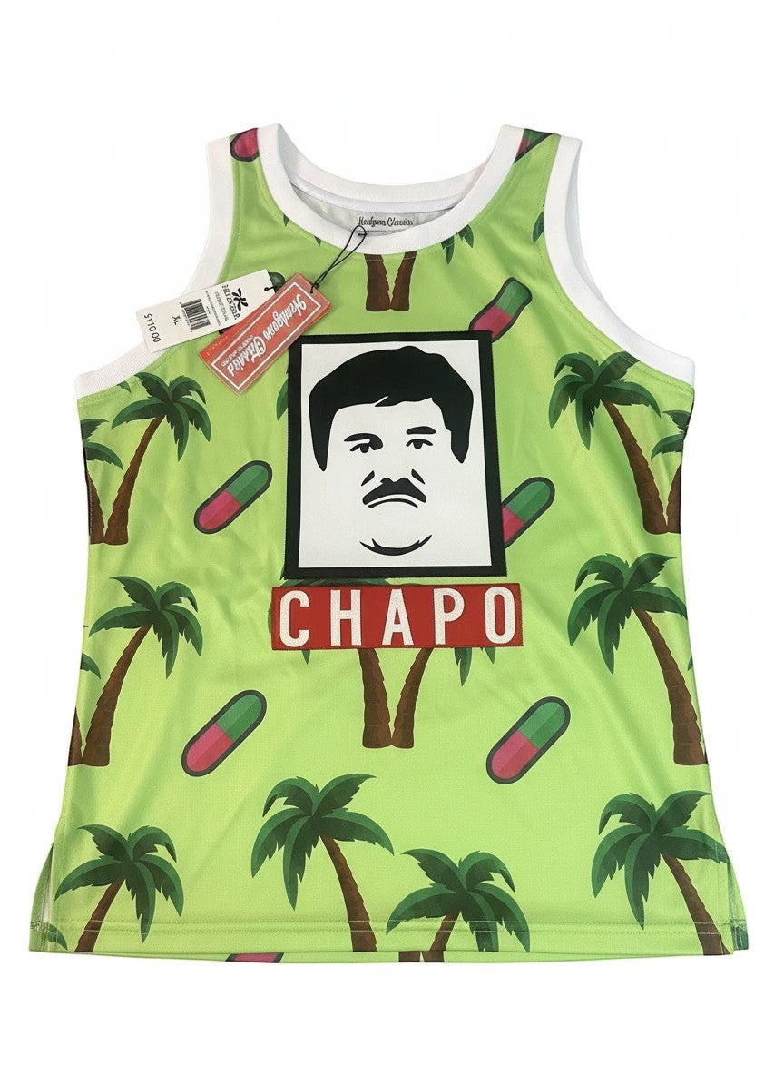 Throwback Rack lime green basketball jersey with all-over palm tree and capsule print, featuring a Chapo graphic.