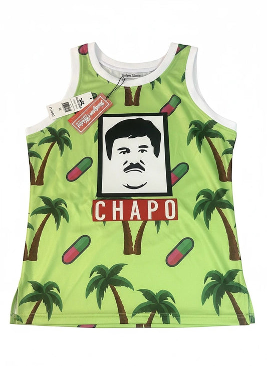 Throwback Rack lime green basketball jersey with all-over palm tree and capsule print, featuring a Chapo graphic.
