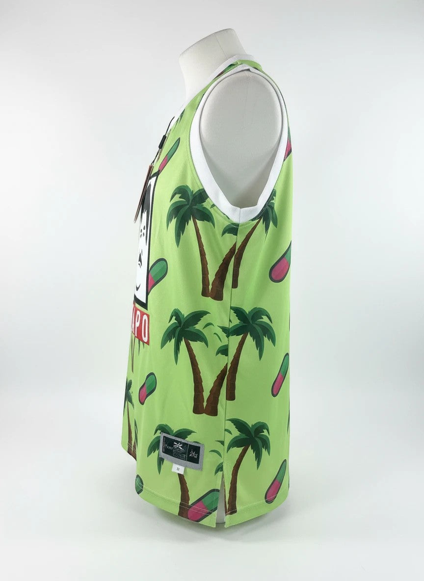Throwback Rack lime green basketball jersey with all-over palm tree and capsule print, featuring a graphic portrait of Chapo.