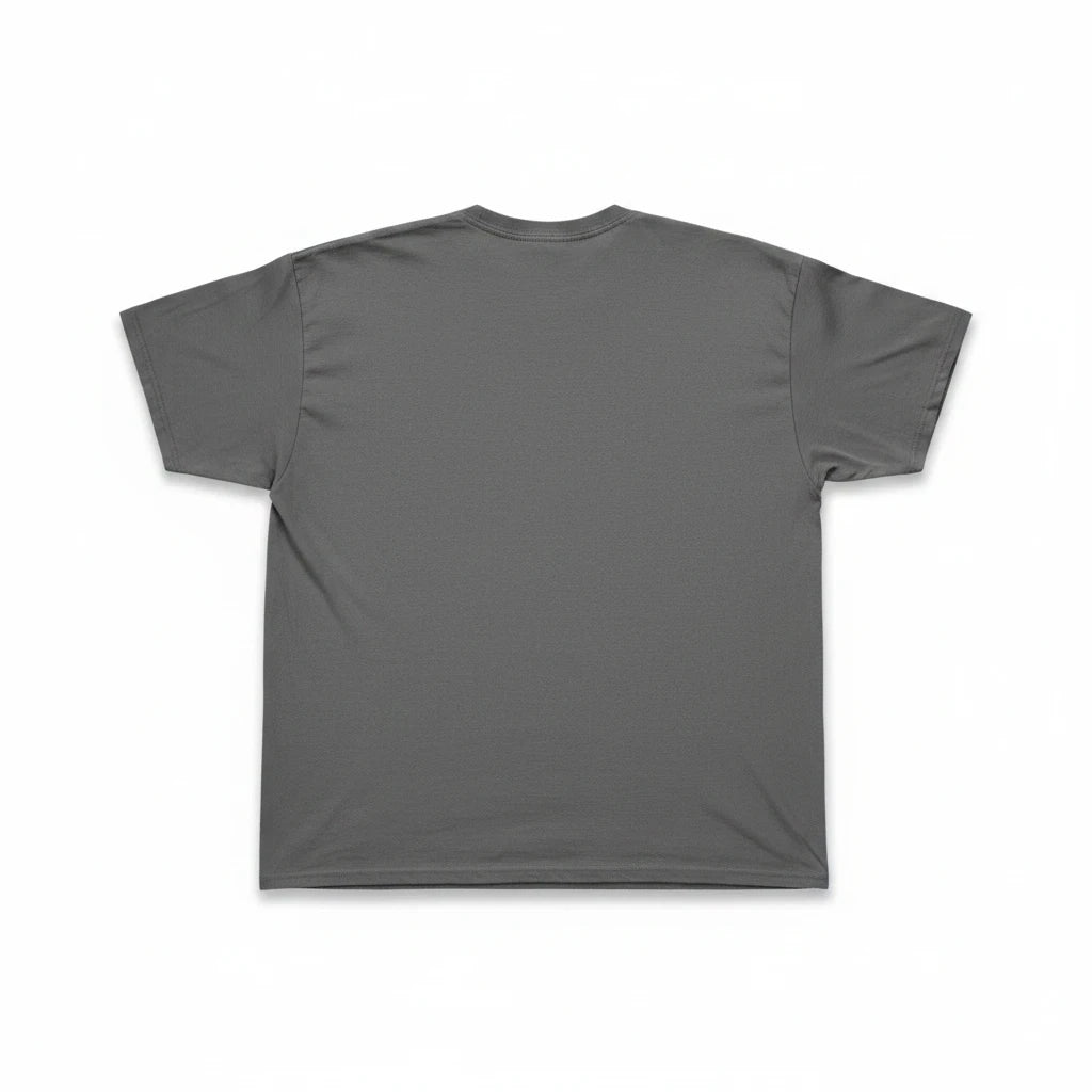 Throwback Rack charcoal grey crewneck t-shirt, back view of a plain short sleeve cotton tee