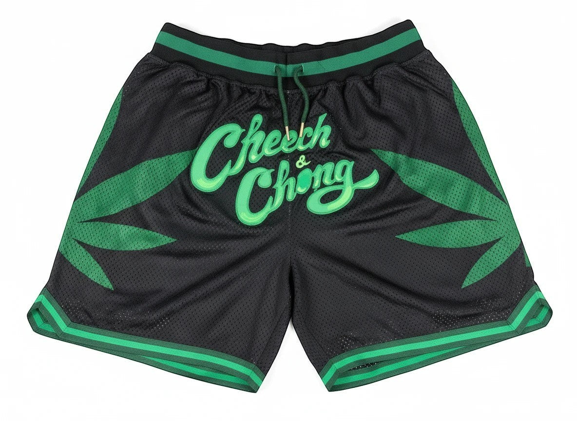 Throwback Rack black mesh basketball shorts with green Cheech & Chong logo and leaf accents. Elastic waist, drawstring, 100% polyester.