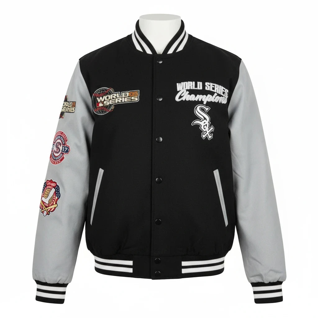 Throwback Rack Chicago White Sox varsity jacket with black body, grey sleeves, and World Series championship patches.