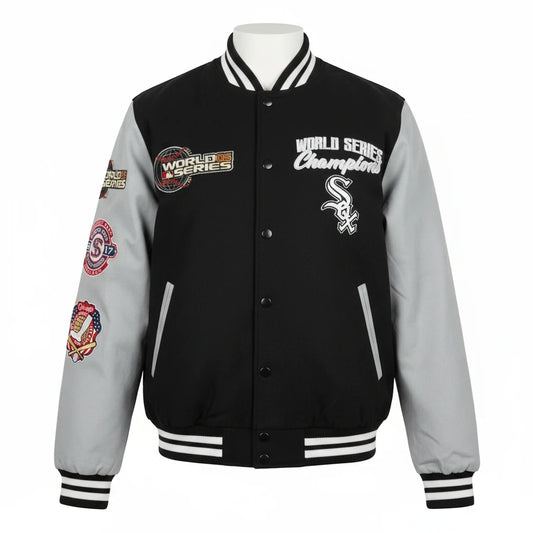 Throwback Rack Chicago White Sox varsity jacket with black body, grey sleeves, and World Series championship patches.
